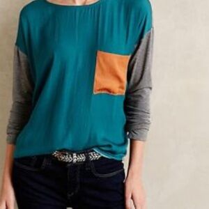 Anthropologie Dolan Teal and Gray Silk Long Sleeve Top with Orange Accent